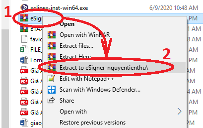 Chuột phải vào file mới tải về và giải nén gói eSigner.Chrome.TCT