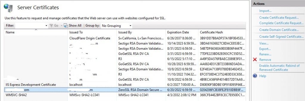 Giao diện Server Certificates trên IIS